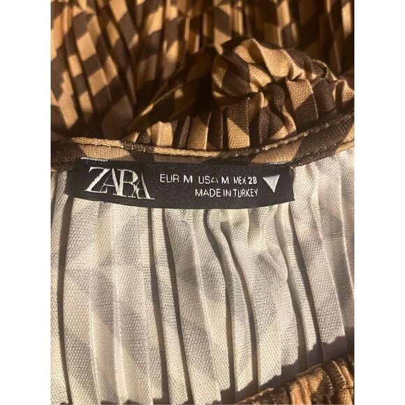 Zara Brown Beige Herringbone Pleated Center Slit Airy Cocktail Mini Dress Size M - Picture 5 of 6